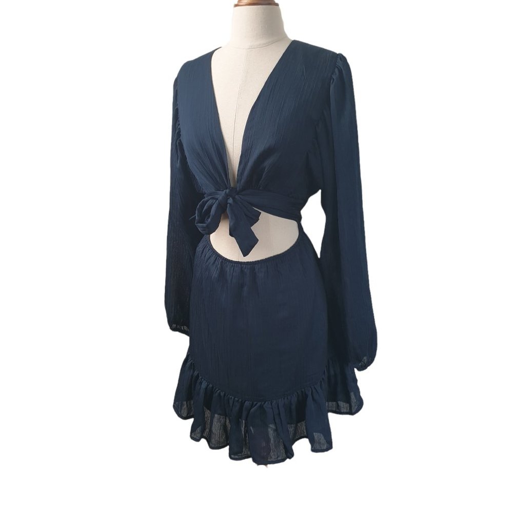 Showpo NWT | Size 10 | Long Sleeve Front Tie Up Consideration Mini Dress Lined - Picture 6 of 13